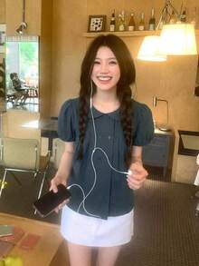 DAZY 女款彼得潘領格紋休閒韓系學院風度假夏季可愛上衣 - 藍色 - 查看 9