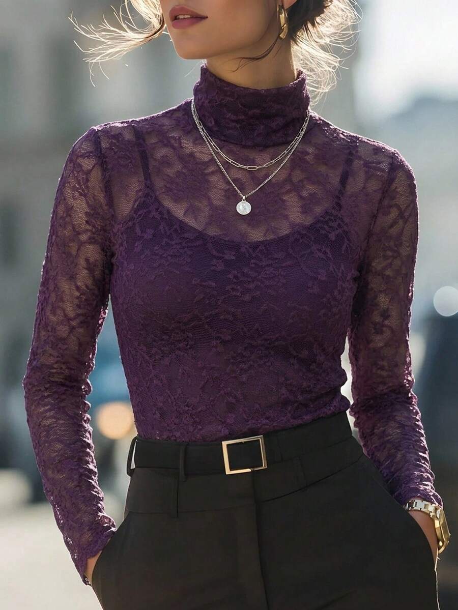 Editum 女款蕾絲拼接立領修身百搭日常休閒T恤