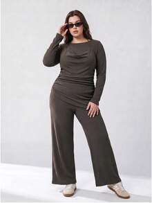 Solavibe Plus Size Women Ruched Asymmetric Hem Long Sleeve Halter Neck T-Shirt Pants Elegant 2 Pieces Set Fall Brunch Party Evening Office Dinner Brown - Brown - View 7