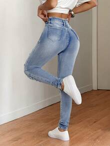 SHEIN Tall 春夏季女款休閒修身高彈力牛仔褲 藍色 高個女款牛仔褲 秋季 - 淺色水洗藍 - 查看 2