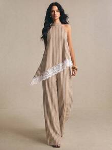 Poéselle Women's Beige Stripe Contrast Lace Asymmetric Hem Halter Top And Wide Leg Pants 2 Pieces Set Summer Elegant Tropical Beach Brunch Vacation - Black - View 5