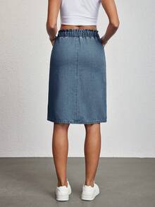 SHEIN Tall 女款時尚百搭口袋綁帶休閒牛仔裙 - 藍色 - 查看 2