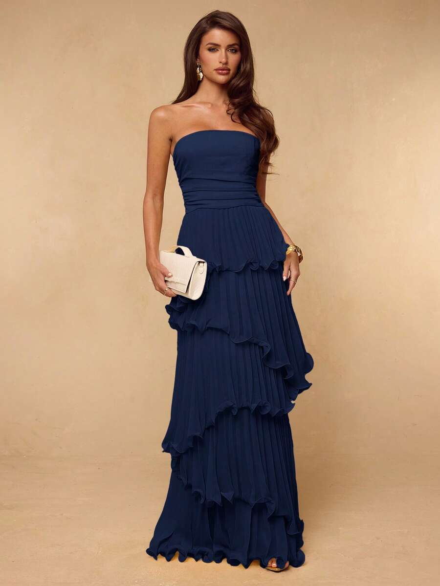 SHEIN BAE Vestido elegante de primavera/verano amarillo liso sin tirantes con volantes multicapa y plisado - Azul Marino - Ver 1