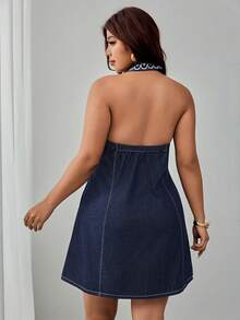 Elenzga Plus Size Washed Embroidered Single-Breasted Halter Neck Denim Dress - Dark Wash - View 2