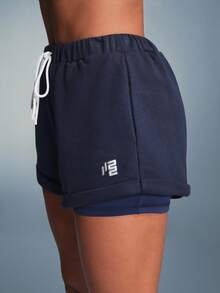 11SKNDS Double Layer Mini Shorts With Elastic Drawstring Waist Side Pockets And Branded Logo Detail Summer Essential - Navy Blue - View 4