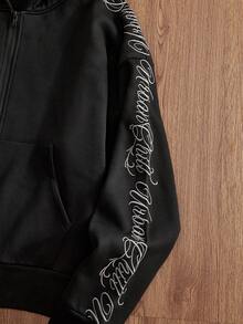 SWAVVY 男士字母印花長袖拉鍊休閒連帽衛衣，春季，Y2K風格，保暖內裡 - 黑色 - 查看 5