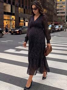 MaterniWear Maternity Polka Dot Print Lantern Sleeve Dress Fall - Black - View 3