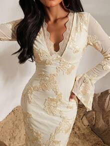 Opulessa Women's Elegant Party Dinner Floral Embroidered Mesh Dress Wedding White Floral Autumn - Yellow - View 3