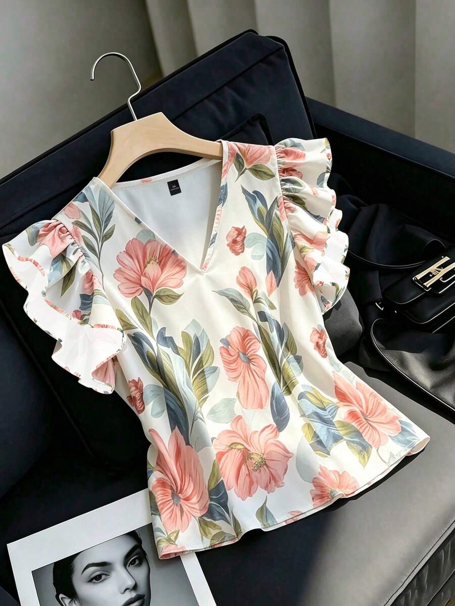 EMERY ROSE 大尺碼女款休閒百搭荷葉邊V領套頭上衣,花卉圖案,適合夏季 - 彩色 - 查看 1