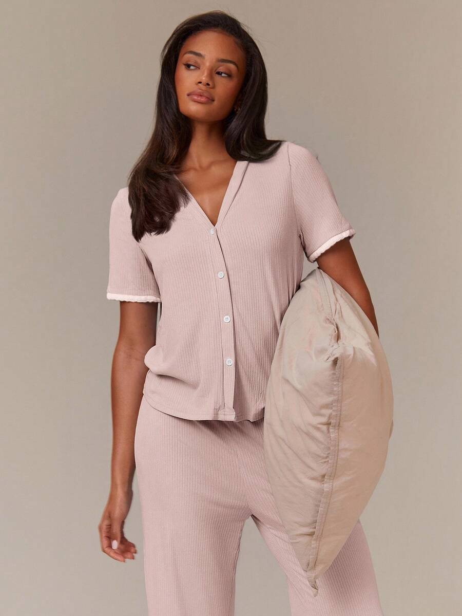 Athîral 2pcs Women Casual Contrast Color Pajama Set Outfit - Multicolor - View 1