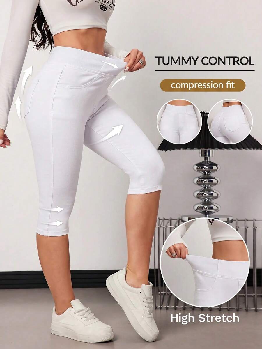 SHEIN Tall 女款休閒百搭純色修身短版牛仔褲 - 白色 - 查看 1