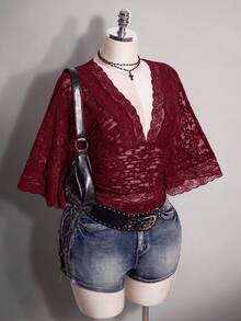 SHEIN ICON Plus Size Y2K Sexy V-Neck Lace Patchwork Flare Sleeve Top - Burgundy - View 4