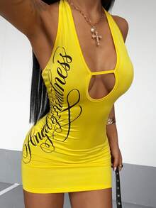 StreetHx Women's Letter Print Casual Sexy Daily Halter Neck Dress Going Out Club Yellow Summer - Yellow - View 5