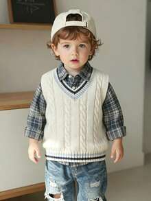 SHEIN 小男孩V領針織背心，杏色，百搭時尚學院風，舒適休閒，適合學校、托兒所、旅行、聚會、野餐、派對 - 杏色 - 查看 6