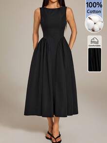 SHEIN PETITE Women's Solid Color Pleated Casual Party Dress - Black - View 8
