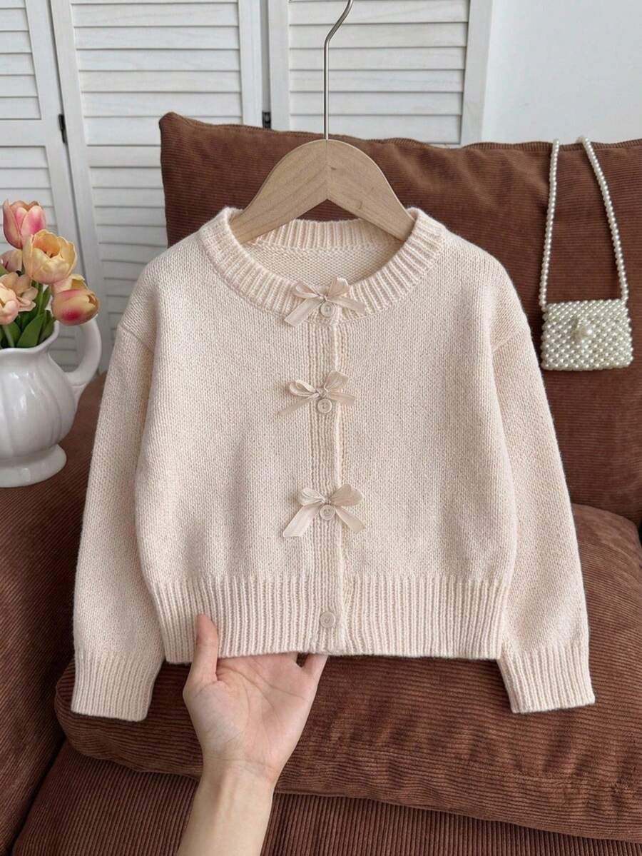 SHEIN Cardigan Rajut Lengan Panjang dengan Pita Buatan Tangan untuk Anak Perempuan, Model Musim Gugur/Dingin