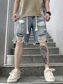 Manfinity Roghcode 男士寬鬆破洞做舊牛仔短褲，毛邊原色下擺寬版牛仔短褲，適合夏季、街頭風、城市度假、淺藍色，男友禮物、派對 - 淺色水洗藍 - 查看 5