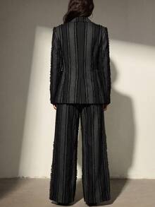 Aveloria Modichic Women's Textured Vertical Stripe Button Jacket And Wide Leg Pants Suit Set - Black - View 6