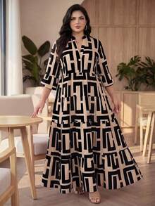 Auveirra Plus Size Women's Geometric Print V-Neck 3/4 Sleeve Ruffle Hem Loose Fit Dress - Multicolor - View 1
