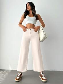 High Waist Wide Leg Cropped Jeans - Light Grey - View 4