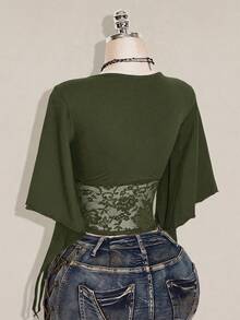 SHEIN ICON 女款法式蕾絲修身百褶甜美T恤 - 軍綠色 - 查看 8