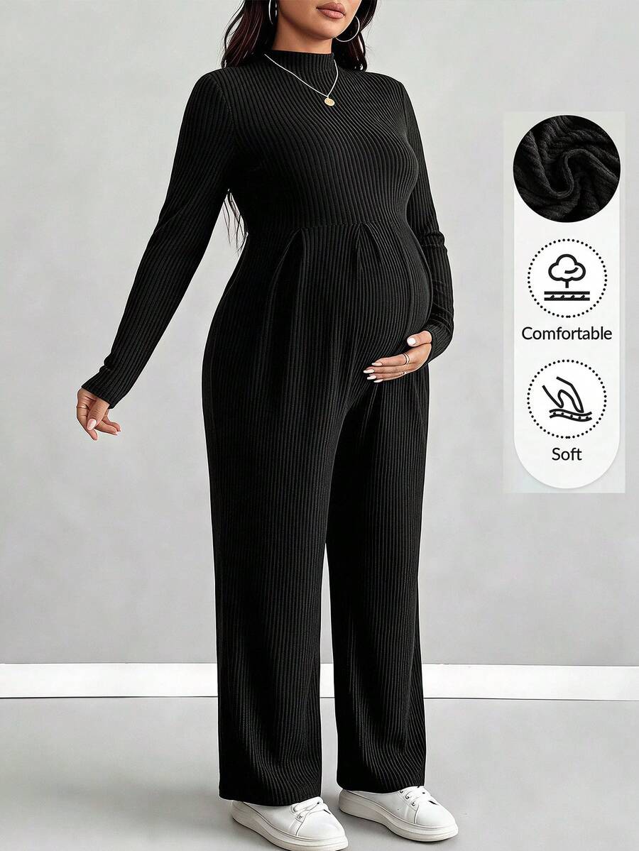 Plussiva 大尺碼孕婦純色長袖連身褲 - 黑色 - 查看 1