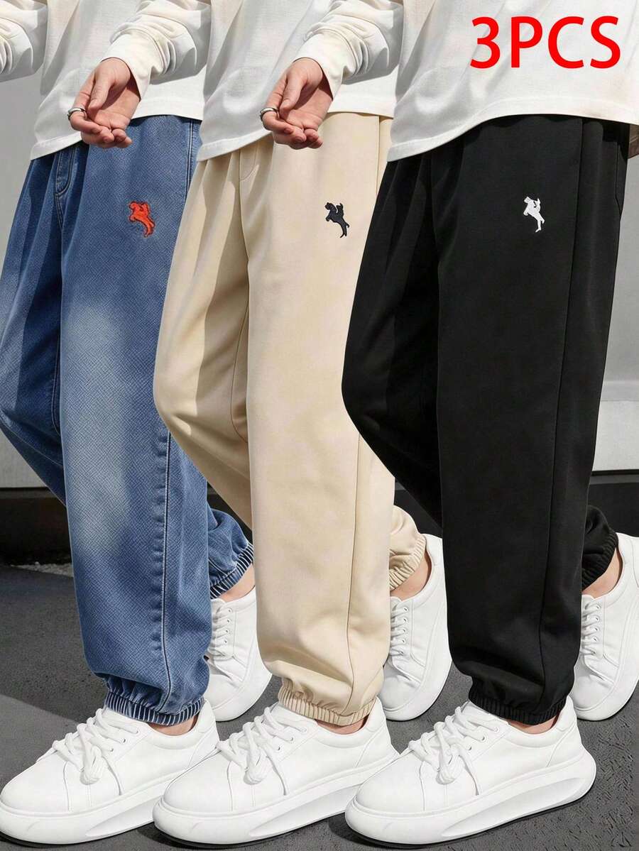 SHEIN Vacaura 青少年男孩百搭牛仔褲與梭織休閒長褲3件套,適合學校、日常穿著及其他場合,刺繡Logo裝飾,時尚有型 - 彩色 - 查看 1