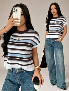 SHEIN PETITE 女款藍白條紋拼色休閒學院風百搭日常針織上衣 開學季 畢業季 大學 粉白配色 夏季早午餐 - 彩色 - 查看 5