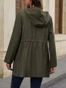 SHEIN Drawstring Waist Hooded Coat Fall Winter Cloth For Women - Army Green - View 2