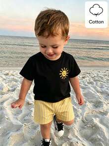 SHEIN 1 Random Set, Baby Boy Comfortable Cotton Casual Style Face Print Black Short Sleeve Crew Neck Colorblock Cotton T-Shirt - Multicolor - View 1