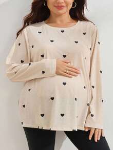 SHEIN Plus Size Maternity Long Sleeve Round Neck Loose Fit Split Hem Digital Print T-Shirt Gender Reveal Autumn Fall Fashion Week Photoshoot Black - Apricot - View 5