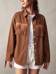 Bohemela Women's Drop Shoulder Long Sleeve Single-Breasted Casual Fringe Design Denim Jacket - Khaki - View 4