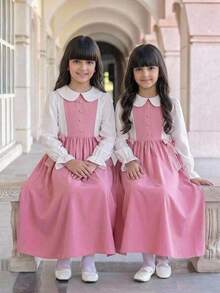 Tween Girl Back To School Outfit, Fitted Pink & White Patchwork Long Sleeve Dress With 3D Bow Decor, Turn-Down Collar, Open Front, Vintage Preppy Style, Exquisite Pink & White Plaid With Large 3D Bow, Casual School Shirt Dress For Tween Girl - Pink - View 2