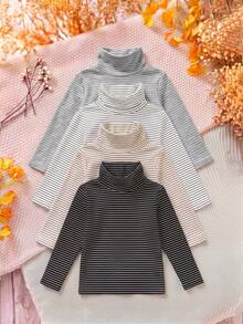 SHEIN 4pcs Baby Girl High Neck Striped Thick Composite Material Loose Versatile Base Layer Tops Suitable For Winter - Multicolor - View 4