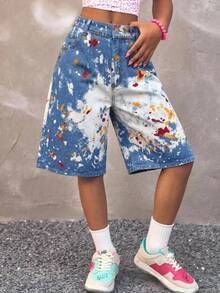 SHEIN Unity Plus Size Women's Splatter Print Pocket Loose Casual 90s Denim Shorts Formal Concert Blue Sequin Summer - Multicolor - View 2