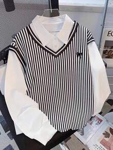 Franclia Sweatshirt Kasual Sporty Wanita dengan Kerah Warna Kontras Bergaris, Atasan Gaya Kampus - MultiWarna - View 1