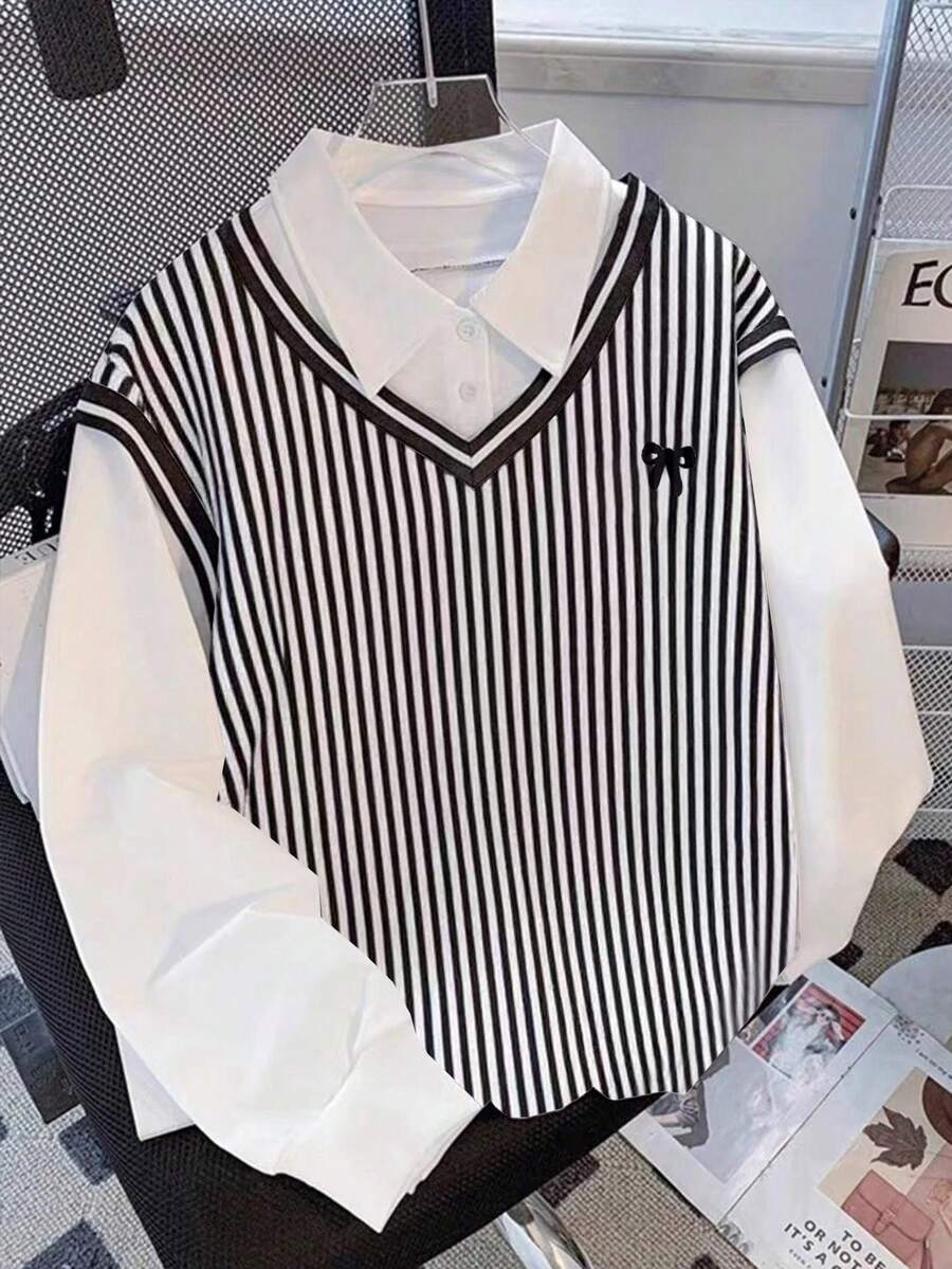 Franclia Sweatshirt Kasual Sporty Wanita dengan Kerah Warna Kontras Bergaris, Atasan Gaya Kampus - MultiWarna - View 1