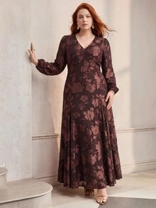 MOTF PREMIUM WOMEN'S PLUS SIZE JACQUARD FLARE HEM BOHEMIAN STYLE DRESS FALL - Coffee Brown - View 5