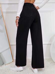 SHEIN Essnce 時尚百搭鈕扣口袋直筒牛仔褲 - 黑色 - 查看 2