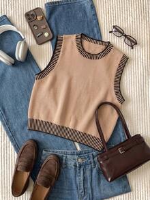 Comfortcana Plus Size Summer Commuter Vintage Traditional Normal 90s Elegant Round Neck Knit Vest Teachers' Day Formal Black - Camel - View 5
