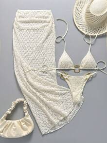 Sirith 3-Piece Shiny Summer Casual Pool Party Vacation Holiday Solid Color Halter Triangle Bikini Set With Metal Rings And Mesh Beach Skirt - White - View 2