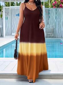 SHEIN Lady Plus Size Versatile Burgundy Colorblock Cami Dress Beach Vacation Summer - Brown - View 3