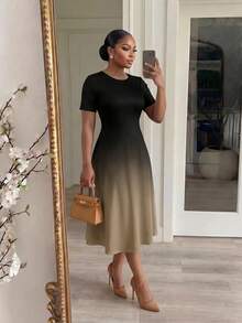 SHEIN Lady Plus Size Fashion Gradient Color Round Neck Short Sleeve Vacation Dress - Multicolor - View 3