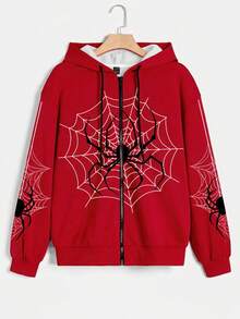 SHEIN EZwear 女款休閒拉鍊連帽衛衣，蜘蛛圖案，秋冬服飾 - 彩色 - 查看 1
