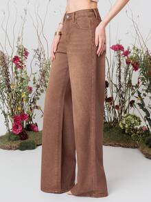 PRISCILA ESCOTO PRISCILA ESCOTO Celana Jeans Wanita Kasual Fashion Jalanan Pinggang Rendah Longgar Kaki Lebar Warna Cokelat - Coklat - View 5