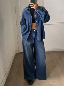 DAZY Women's Collared Shirt And Long Pants Casual Denim Set Fall - Medium Wash - View 2