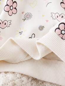 SHEIN 新生兒塗鴉花卉印花肩扣抓絨加厚上衣休閒百搭內搭長褲套裝，適合冬季 - 杏色 - 查看 4