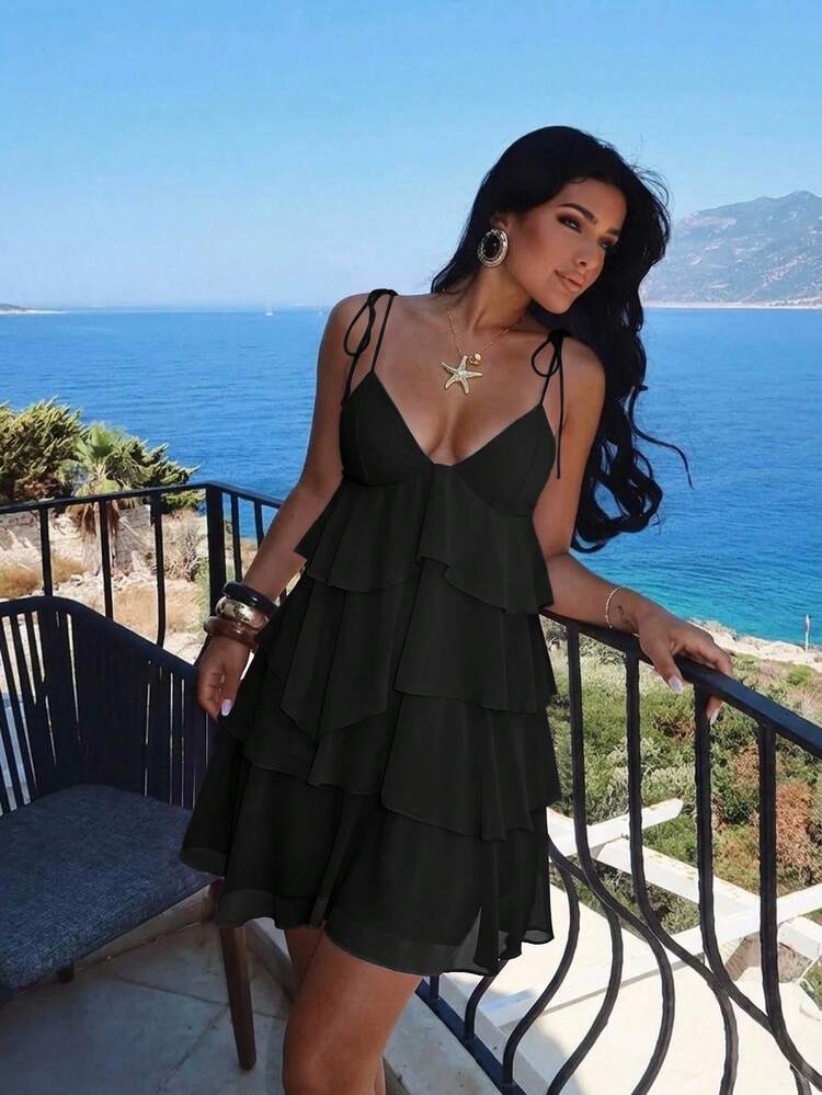 Aloruh Vestido mini de mujer de unicolor con tirantes de volantes multicapa para vacaciones - Negro - Añade 7