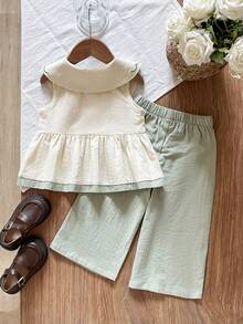 SHEIN 2-Piece Baby Girl Casual Floral Embroidered Lapel Sleeveless Top And Pants Set Suitable For Spring And Summer, Outdoor Travel Daily Wear - Green - View 2