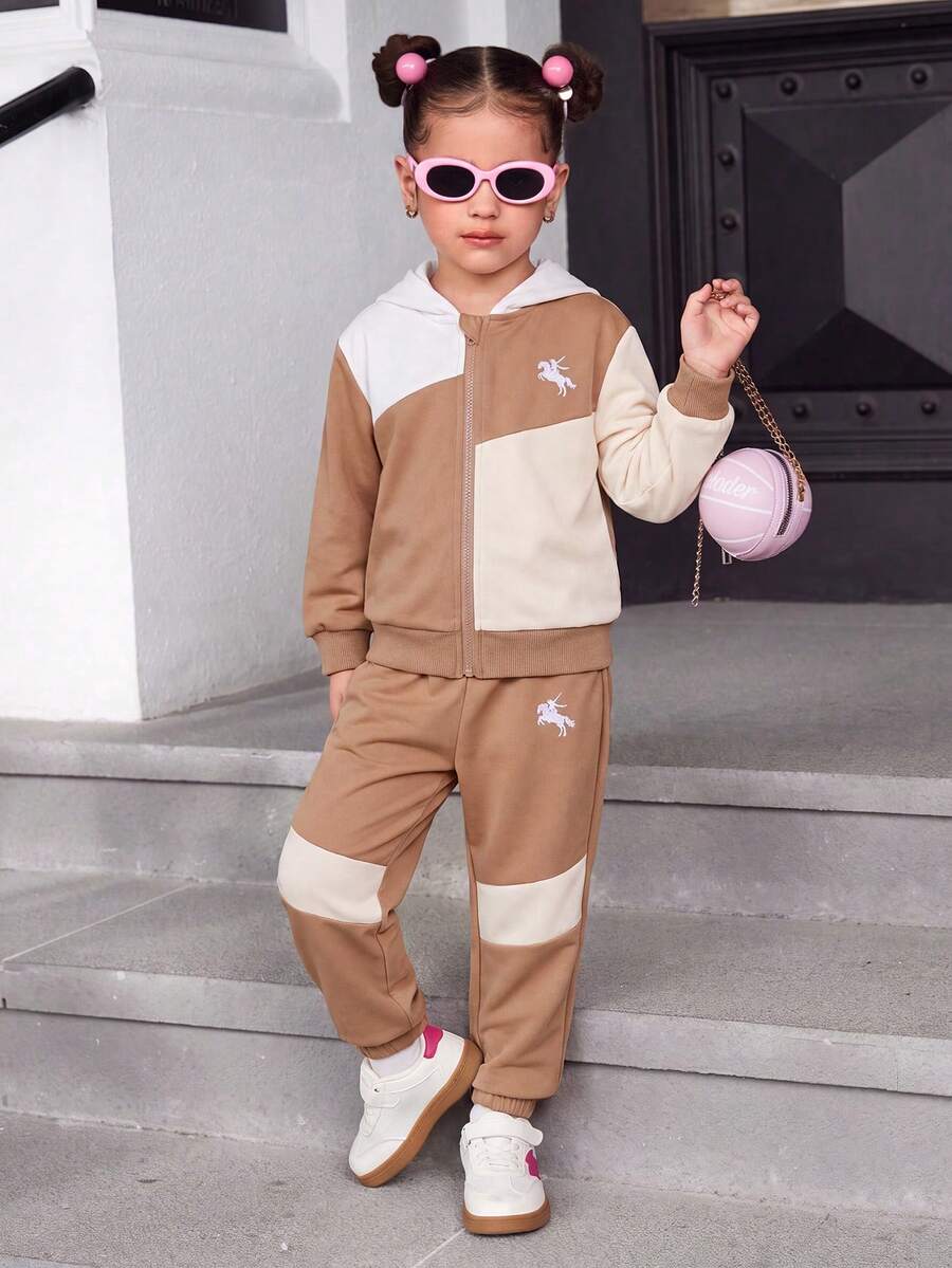 Bộ 2 món cho bé gái gồm áo nỉ hoodie kéo khóa phối màu patchwork thời trang thu đông và quần jogger dạo phố ngoài trời phong cách casual - Nhiều màu - Xem 1